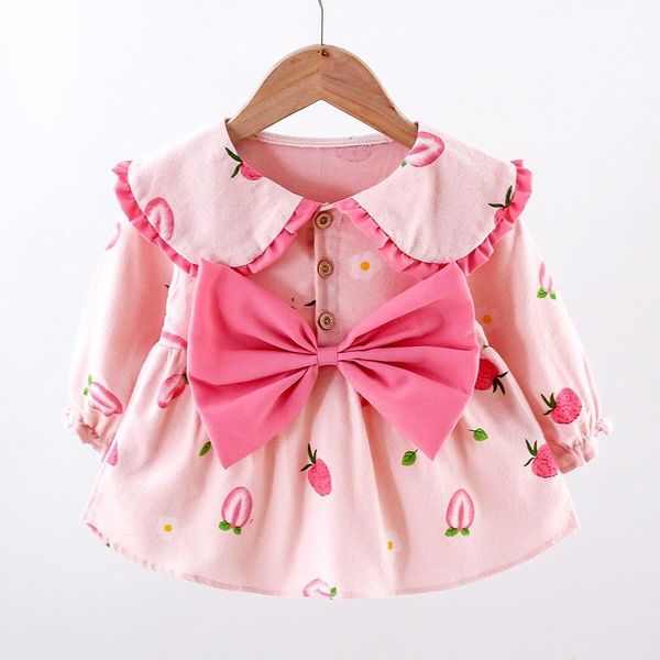 

girl's dresses 2021 spring autumn baby girl clothes fruit pattern lapel bowknot decoration dress for girls borns, Red;yellow