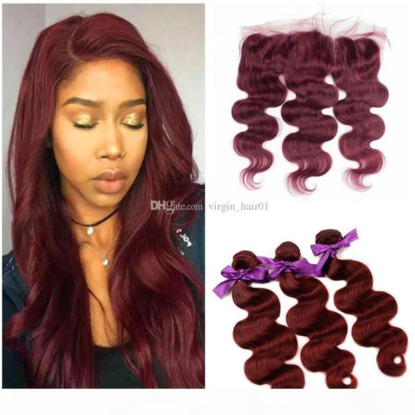 

99j burgundy body wave virgin hair with lace frontal closure peruvian human hair bundles with full frontals 13*4 ear to ear frontal, Black;brown