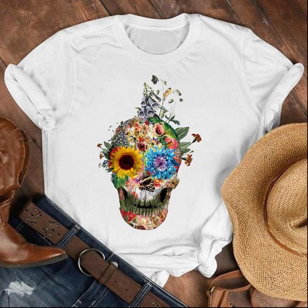 

women lady skull face horror short sleeve 90s fashion shirt clothes womens female print t tshirt tee graphic t shirt, White