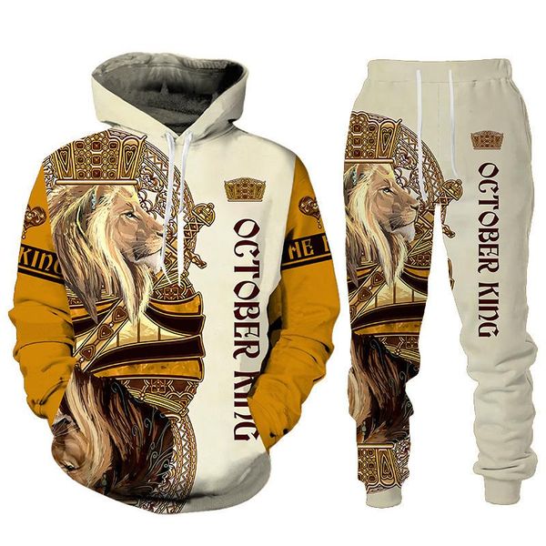 

jogging clothing men's hooded lion print hoodie set, 2-piece running, autumn and winter sportswear, Black;red