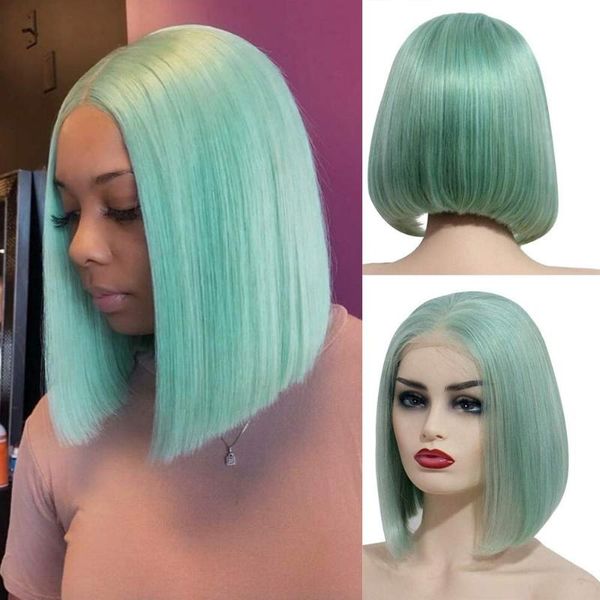 

lace wigs mint green bob human hair straight glueless 13x4 part swiss frontal pre plucked short wig for black women, Black;brown