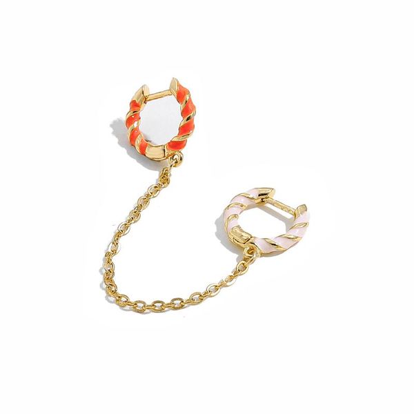 

hoop & huggie trendy twist 2 hole double piercing small round earrings for women fashion enamel long chain jewelry, Golden;silver