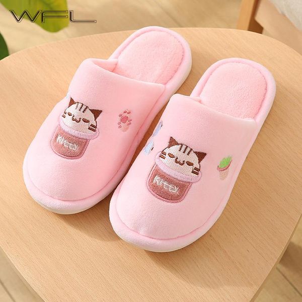 

slippers wfl women men warm winter at home simple plush cotton non-slip sole waterproof indoor house, Black