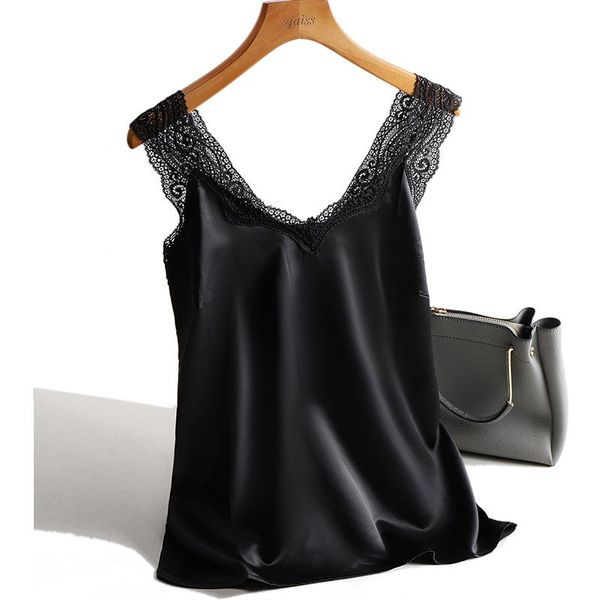 

women's tanks & camis lace strap silk women v neck sleeveless whitevest satin elasticity mesh tank basic plus size camisole, White