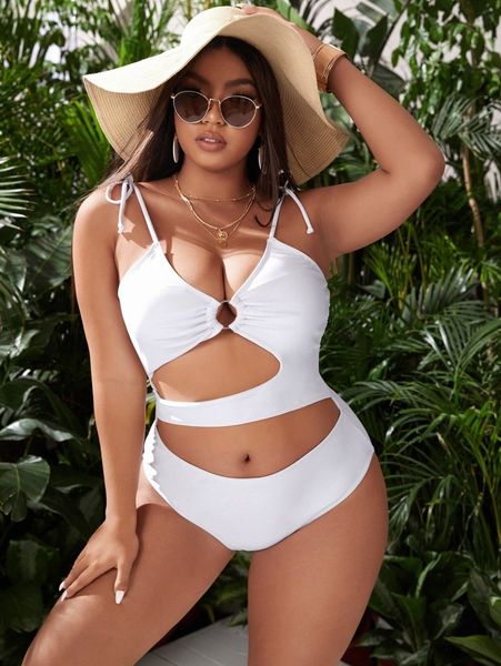 

plus plain cut out ring linked one piece swimsuit p1vq#, Black