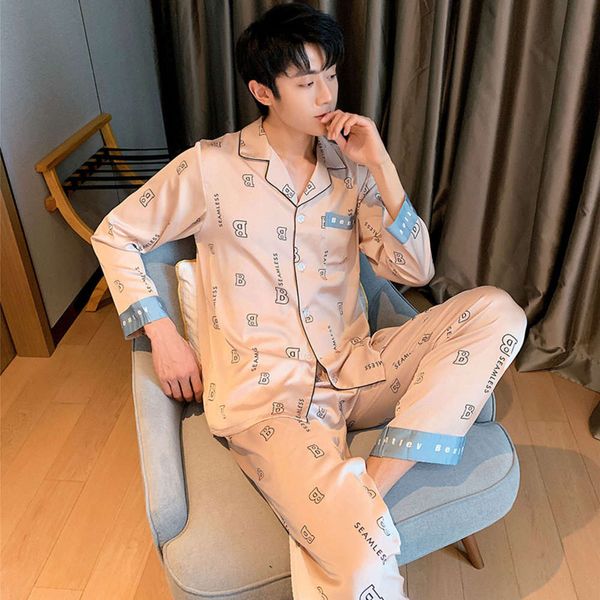 

pajamas spring autumn ice long sleeve summer thin fashion stripe youth men's silk home suit, Black;brown