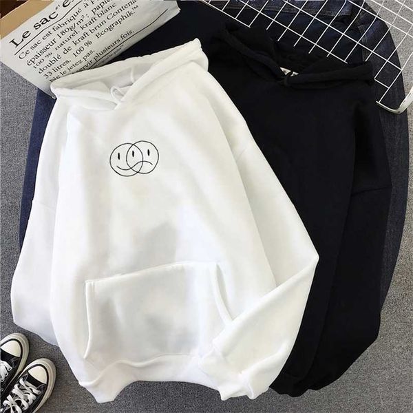 

korean streetwear sweatshirt men women casual pullover hip hop long sleeve smile sad face line print hoodies sportswear 211027, Black