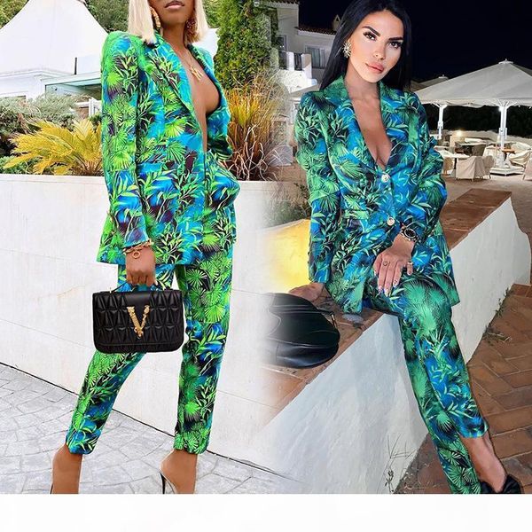 

green jungle print blazer pant suits women vintage streetwear 2 piece set long sleeve coat and high waist trouser 2020autumn new, White