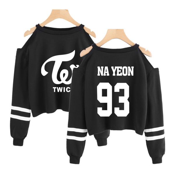 

twice kpop fashion cropped sweatshirt women off shoulder long sleeve sweatshirts 2021 casual trendy streetwear clothes, Black