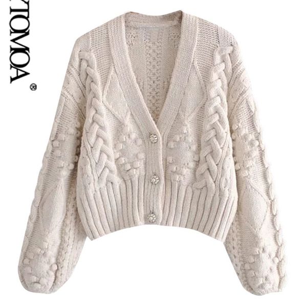 

kpytomoa women fashion pompom appliques cropped knitted cardigan sweater vintage long sleeve female outerwear chic 211221, White;black