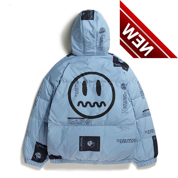 

winter men white duck down jacket little devil smiley print letter hip hop men's and women's thick loose clothes, Black