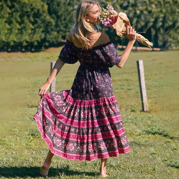 

2021 new ethnic vintage floral sundress bohemian women high waist puff sleeve maxi dress fall boho beach feminine vestidos y7u2, Black;gray