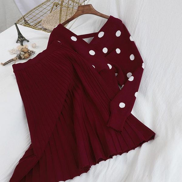 

women's tracksuits autumn sweater skirt 2pcs set women long sleeve dot print + knitted suit clothes two pieces ensemble femme, Gray