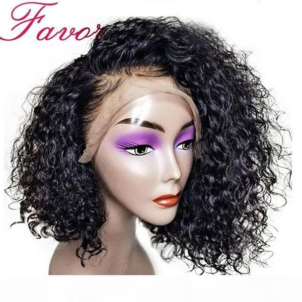 

curly short lace front human hair wigs with baby hair brazilian remy hair bob wigs pre plucked natural hairline 8-14, Black;brown