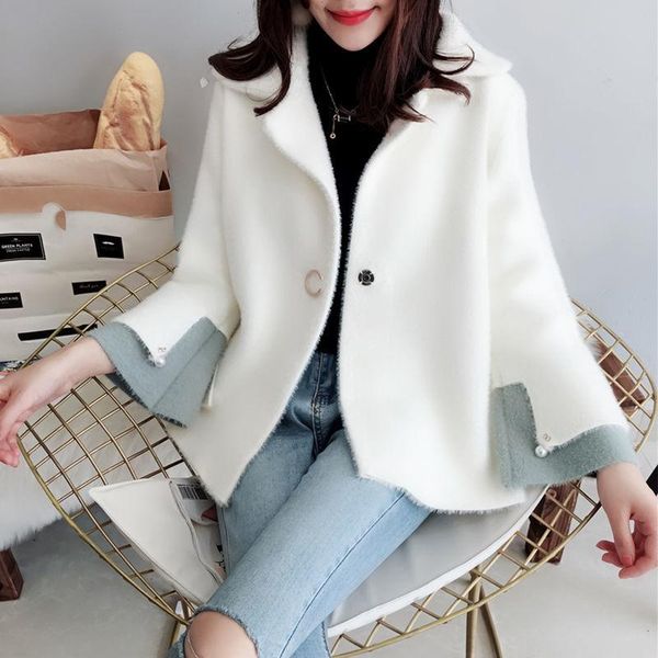 

women's wool & blends chic faux mink fleece jacket women autumn elegant flare sleeve single button outerwear korean lapel knit sweater, Black