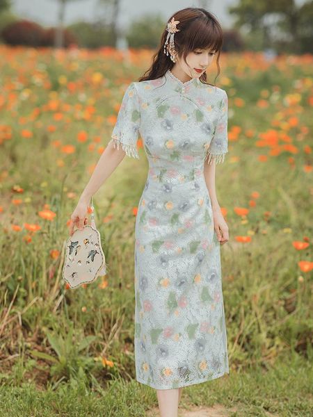 

ethnic clothing vintage tassel flower print lace long cheongsam 2021 summer french style improved everyday women dress fashion slim, Red