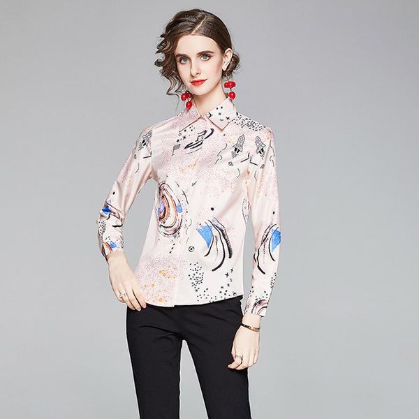 

women's blouses & shirts 2021 for women office lady full sleeve turn-down collar print work clothes autumn elegant casual, White