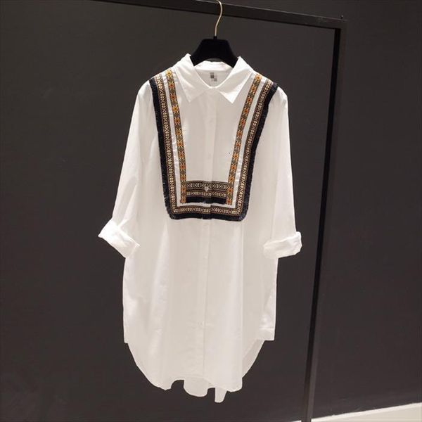

national style cotton long women shirts summer sleeve embroidery white plus size casual blusa