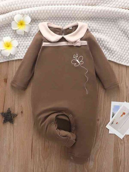 

baby butterfly embroidery peter-pan collar bow front jumpsuit she, Blue