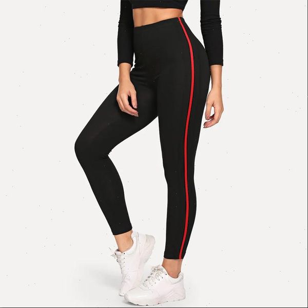 

fitness leggings womens legging women stitching red line breathable high waist legins female workout push up elastic slim sport pants, Black
