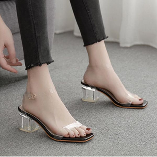 

sandals fashion pvc transparent jelly square toe low heels 2021 summer woman ankle t-strap party ladies shoes size 35-40, Black