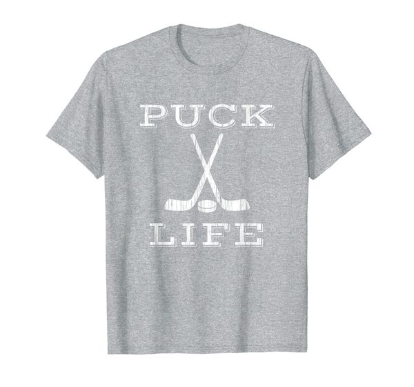 

puck life hockey season distressed white graphic gift t-shirt, White;black