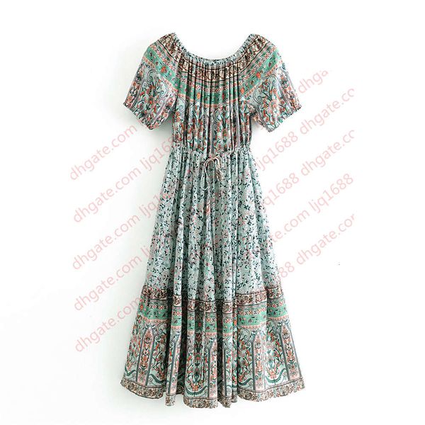 

women green floral print bohemian beach dress 2020 new off-shoulder elastic waist long dresses spring summer casual boho holiday maxi dress, Black;gray
