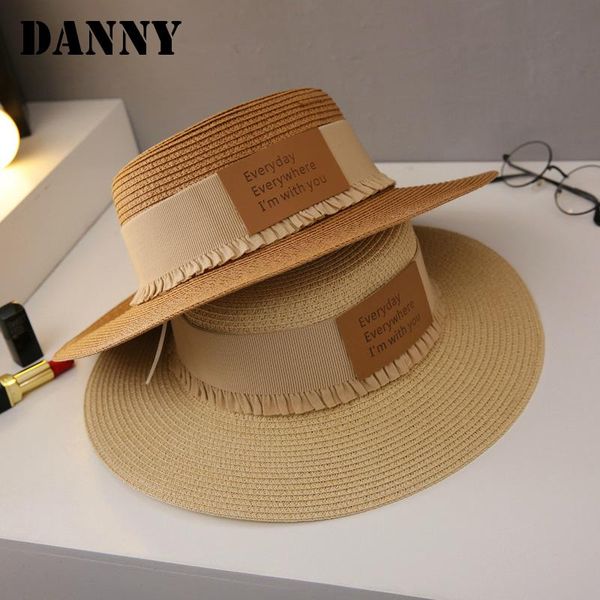 

wide brim hats panama women's beach sun hat raffia raw edge solid color letter leather summer vacation fashion chapeau femme, Blue;gray