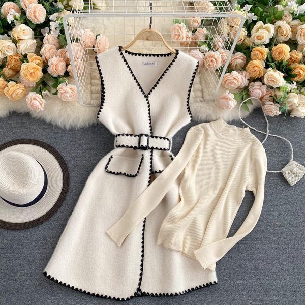 

women elegant 2 piece set autumn long sleeve knit pullover sweater and v neck sleeveless woolen dress suits with belt women's tracksuit, Gray