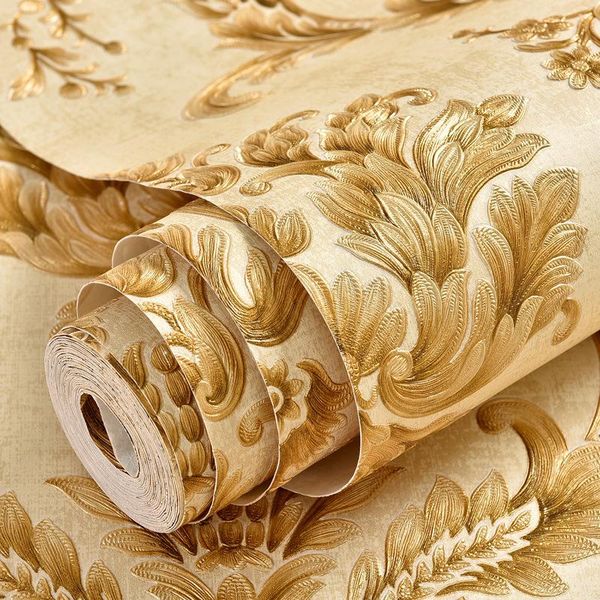 

self ahesive golden embossed damask wallpaper bedroom living room background floral pattern 3d textured wall paper home decor