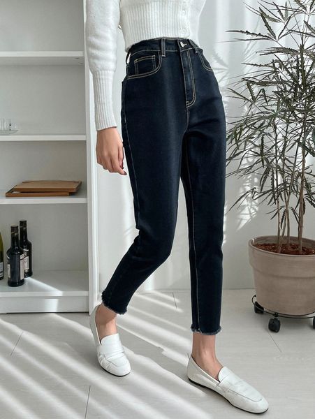

dazy high waist slant pocket raw cut jeans 16wu#, Blue