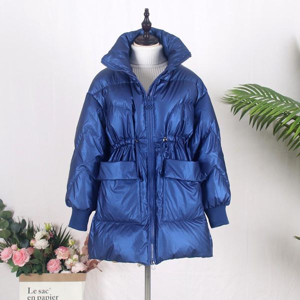 

2021 glossy warm women coat solid soft white duck down padded jackets female women slim belt winter parkas jacket coat, Black