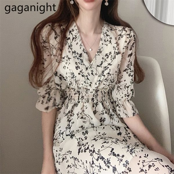 

gaganight women retro floral dress cross v neck wooden ear slim long vestido summer elegant chiffon short sleeve dresses femme 210309, Black;gray