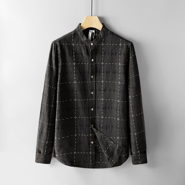 

2021 new autumn linen and cotton shirt brand long sleeve for men fashion simple plaid shirts male camisa chemise q46p, White;black