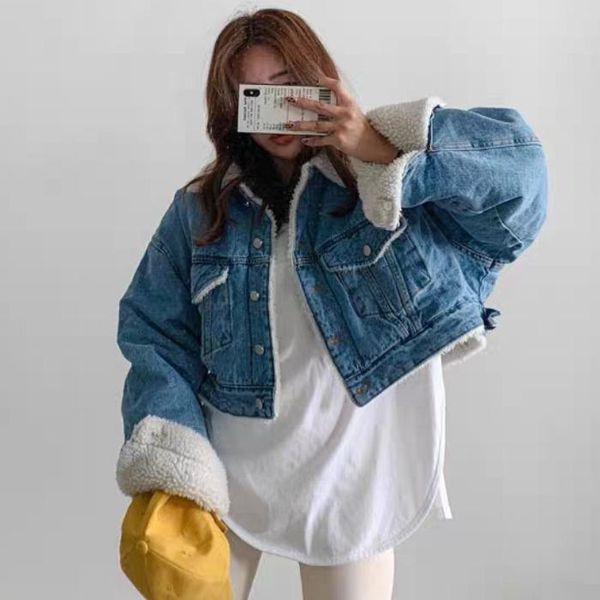 

korean autumn winter boyfriends style lamb wool splicing short and versatile loose and thick denim jacket short coat, White