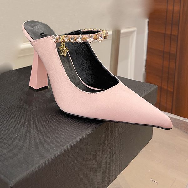 

fashion black hi heeled womens slippers satin crystal diamond buckle decoration sandals 11cm heels large size shoes luxury designer slipper