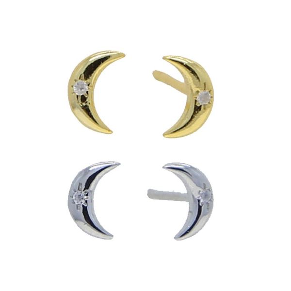 

stud minimalist korean 100% 925 sterling silver crescent moon earrings with tiny cz zircon brinco for girls women jewelry, Golden;silver