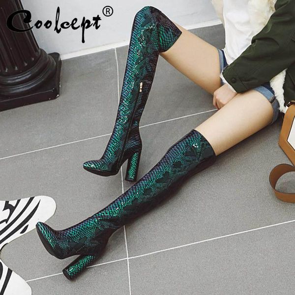 

boots coolcept plus size 33-46 women thigh high fashion snake print winter warm shoes casual zipper heels long, Black
