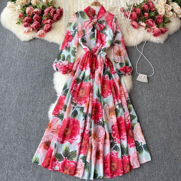 

casual dresses elegant women's chiffon floral mixi dress summer ladies long sleeve bowknot vintage plus size 2021 robe female vestidos, Black;gray