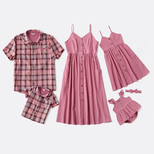 

2021 matching outfits spring summer new casual clothes mom girls suspender dad son short sleeve plaid shirt family wear 5cw9, Blue