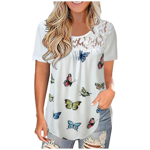 

women's blouses & shirts chiffon women blouse clothing summer short sleeve shirt lace printing splicing o-neck loose blusas 2021, White