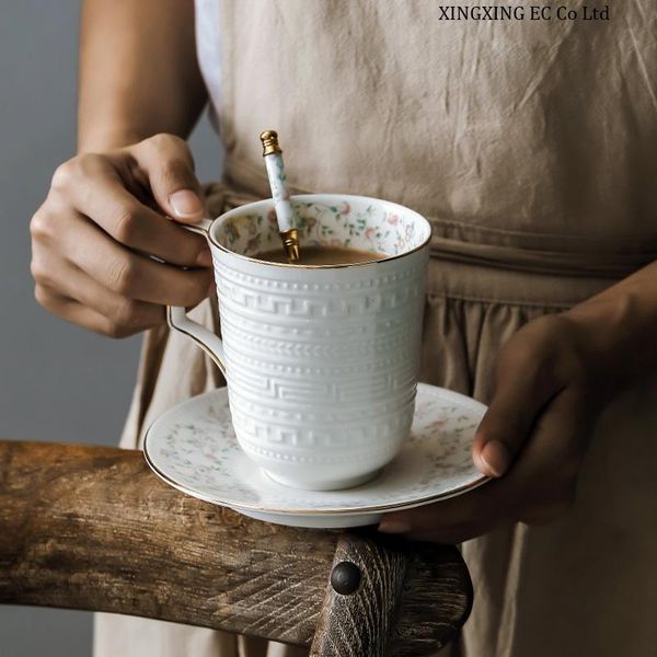 

mugs nordic style mug with spoon embossed simple 350ml large capacity pastoral afternoon tea coffee cup and saucer