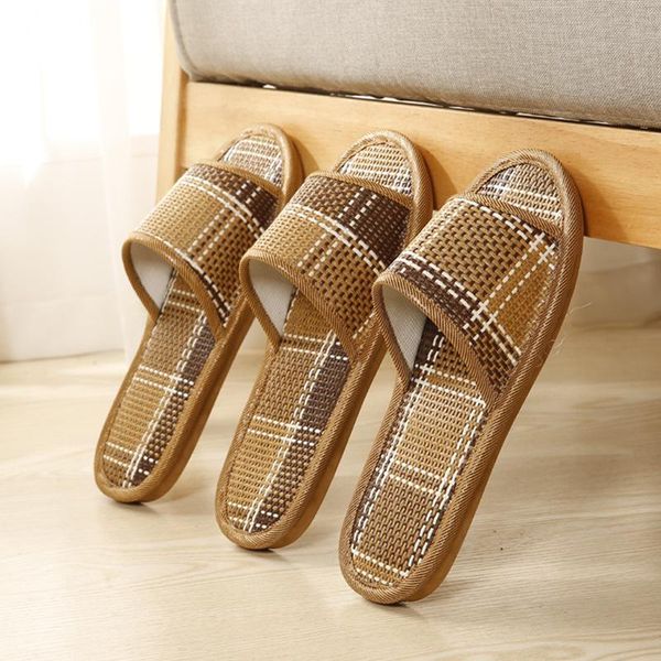 

slippers indoor woven rattan breathable straw home non-slip for men and women summer sandals, Black