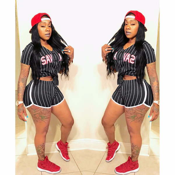 

striped letter casual two piece set plus size summer outfits t shirt crop and shorts women tracksuit d74-ca19, White