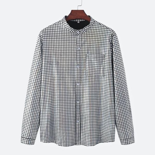 

men's casual shirts luclesam men fashion plaid print dress shirt mens long sleeve henry collar blouse stage costumes party disco clothe, White;black