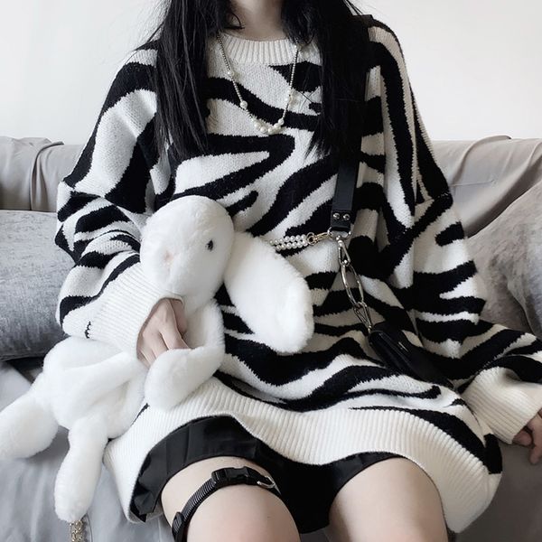 

2021 new large size gothic zebra winter sweater women's long coat japanese knitwear ypco, White;black