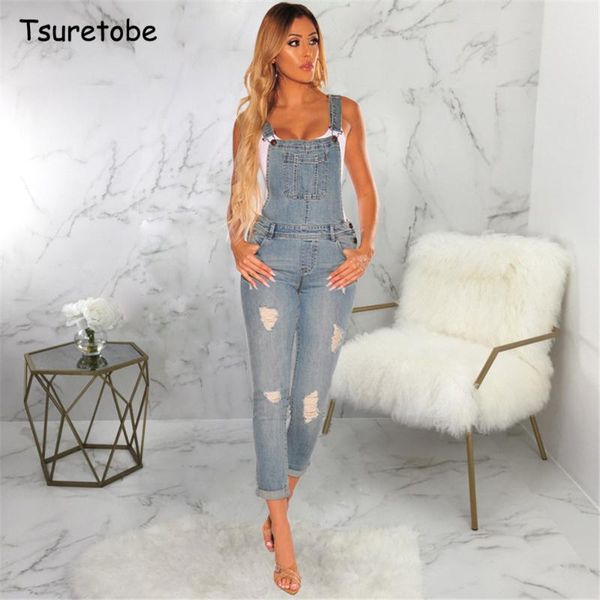 

women's jumpsuits & rompers tsuretobe casual spaghetti strap jumpsuit backless women sleeveless denim ripped romper female jeans overal, Black;white