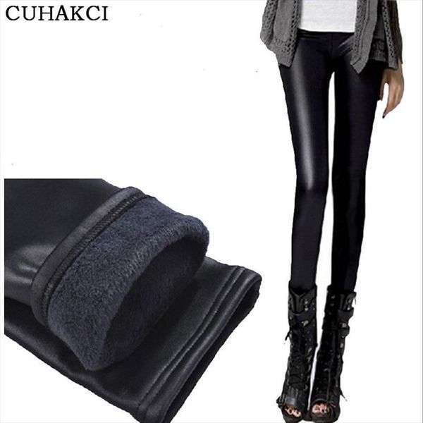 

design black leather thickening skinny womens legging winter warm casual trousers women leggins high quality