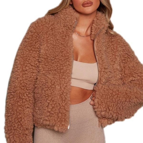 

women's jackets cpdd women winter long sleeve faux fur jacket stand collar fuzzy plush warm zip up shaggy oversized coat casual short o, Black;brown
