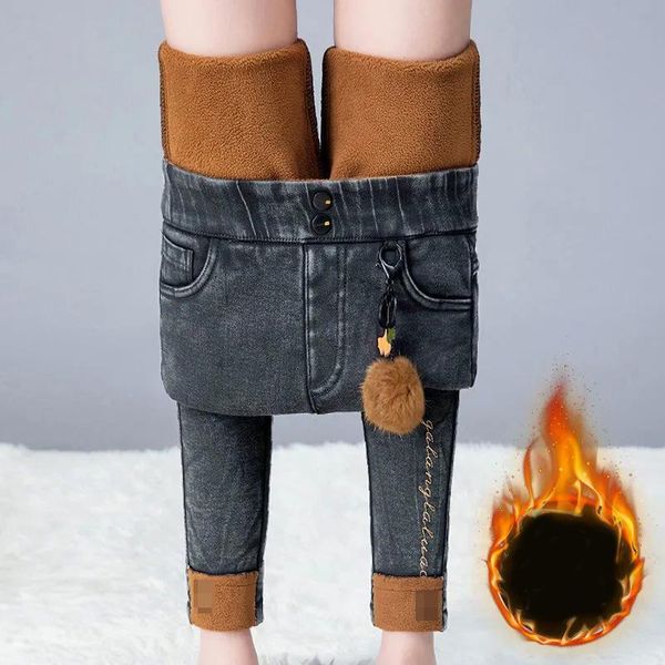 

women's jeans oversize 100kg plus velvet women thicken warm elastic high waist winter pants korean fashion letters pencil denim, Blue